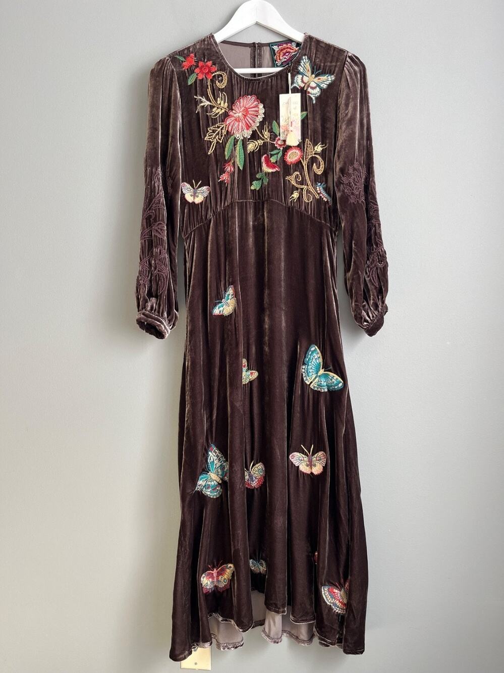 Johnny Was Luciana Velvet Midi Dress XS Coffee Bean Embroidered Butterfly NWT